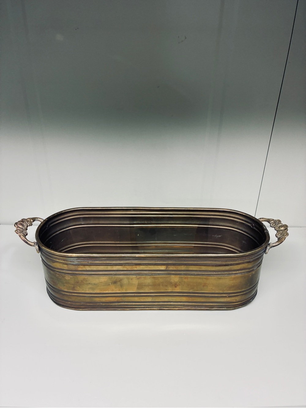 Vintage Brass Oval Planter Trough Tub Pot Cachepot w/ Floral Handles Patina 13”